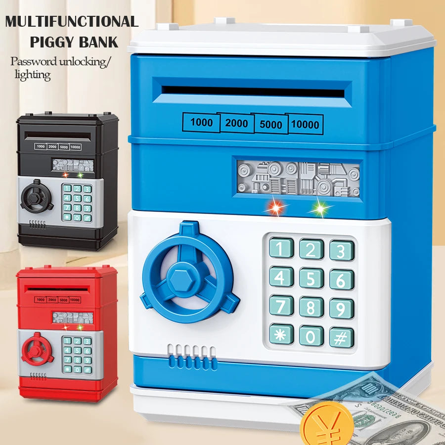 A blue and white multifunctional piggy bank with a digital keypad and a coin slot is shown next to a red version.