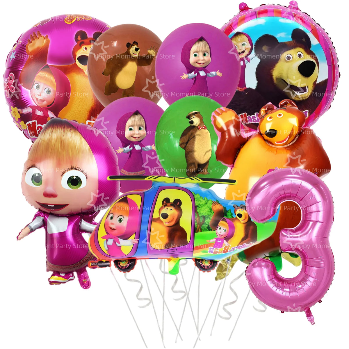 A set of inflatable balloons featuring characters from Masha and Bear for a party decoration.