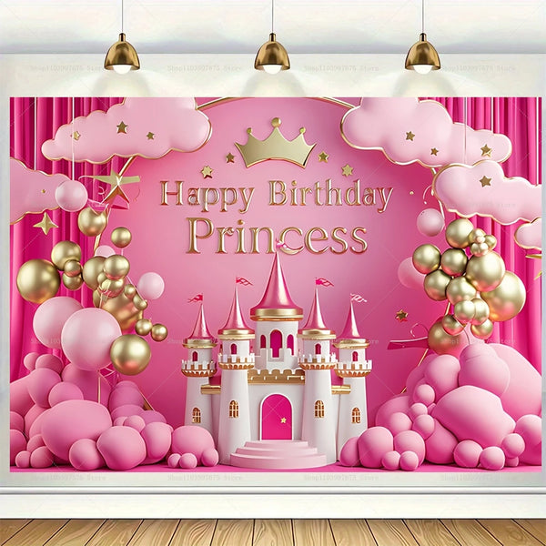 Pink princess castle photo backdrop for birthday parties featuring a castle, balloons, and clouds