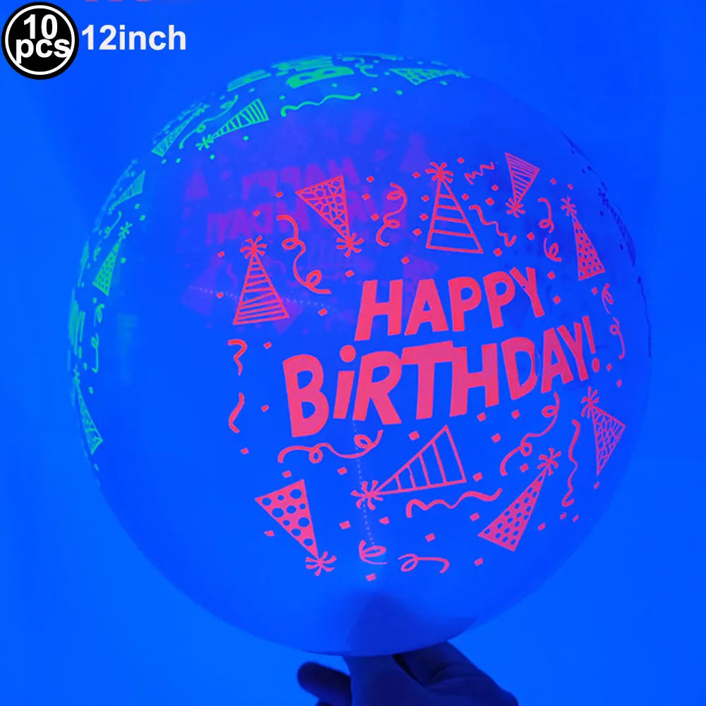 A hand holds a glowing blue latex balloon decorated with red birthday graphics and confetti.