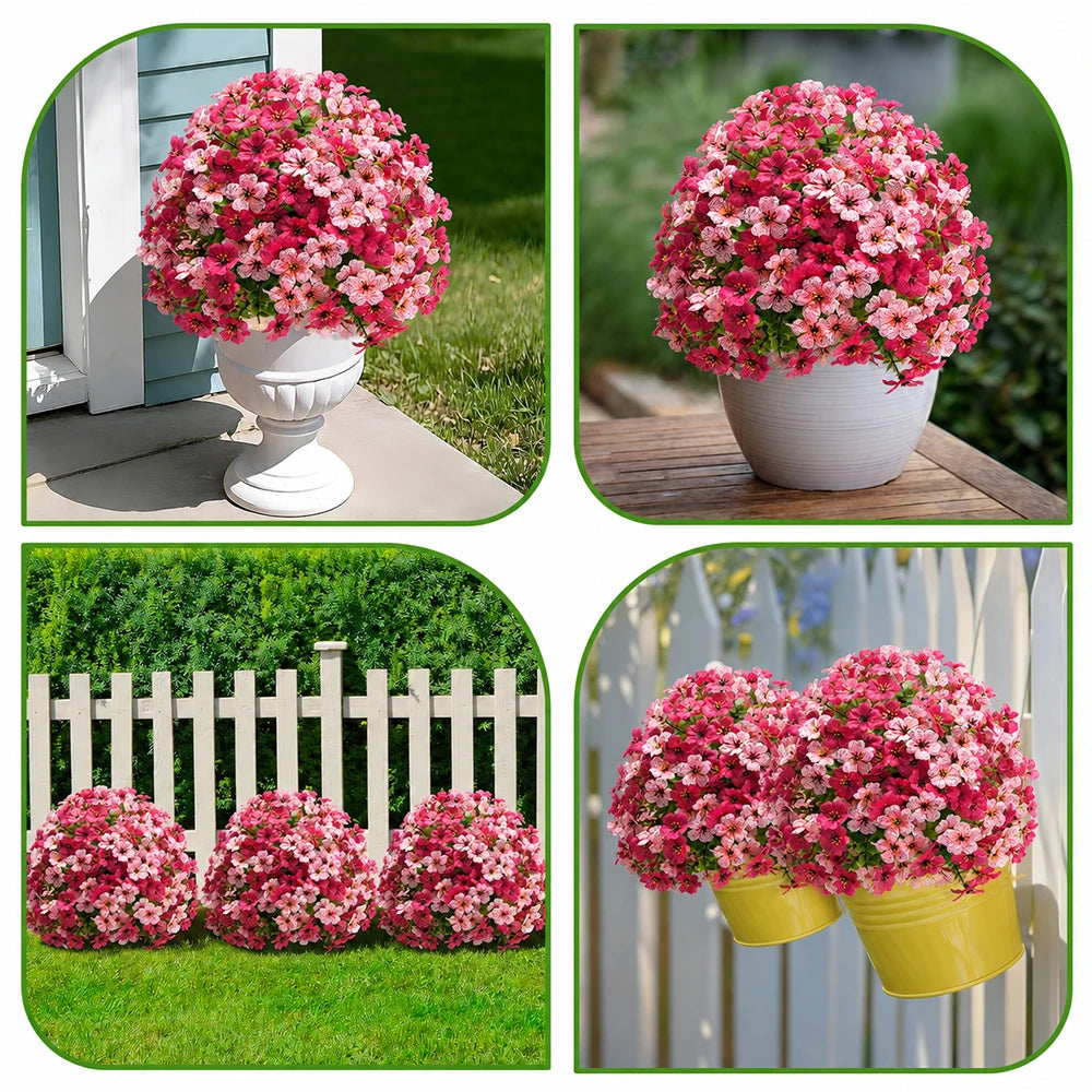 Four images showing pink and white artificial topiary ball flowers in various outdoor planters.