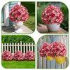 Four images showing artificial pink and white topiary ball flowers in various outdoor planters.