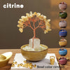 A natural crystal money tree with a rose quartz base growing from a glass bowl.