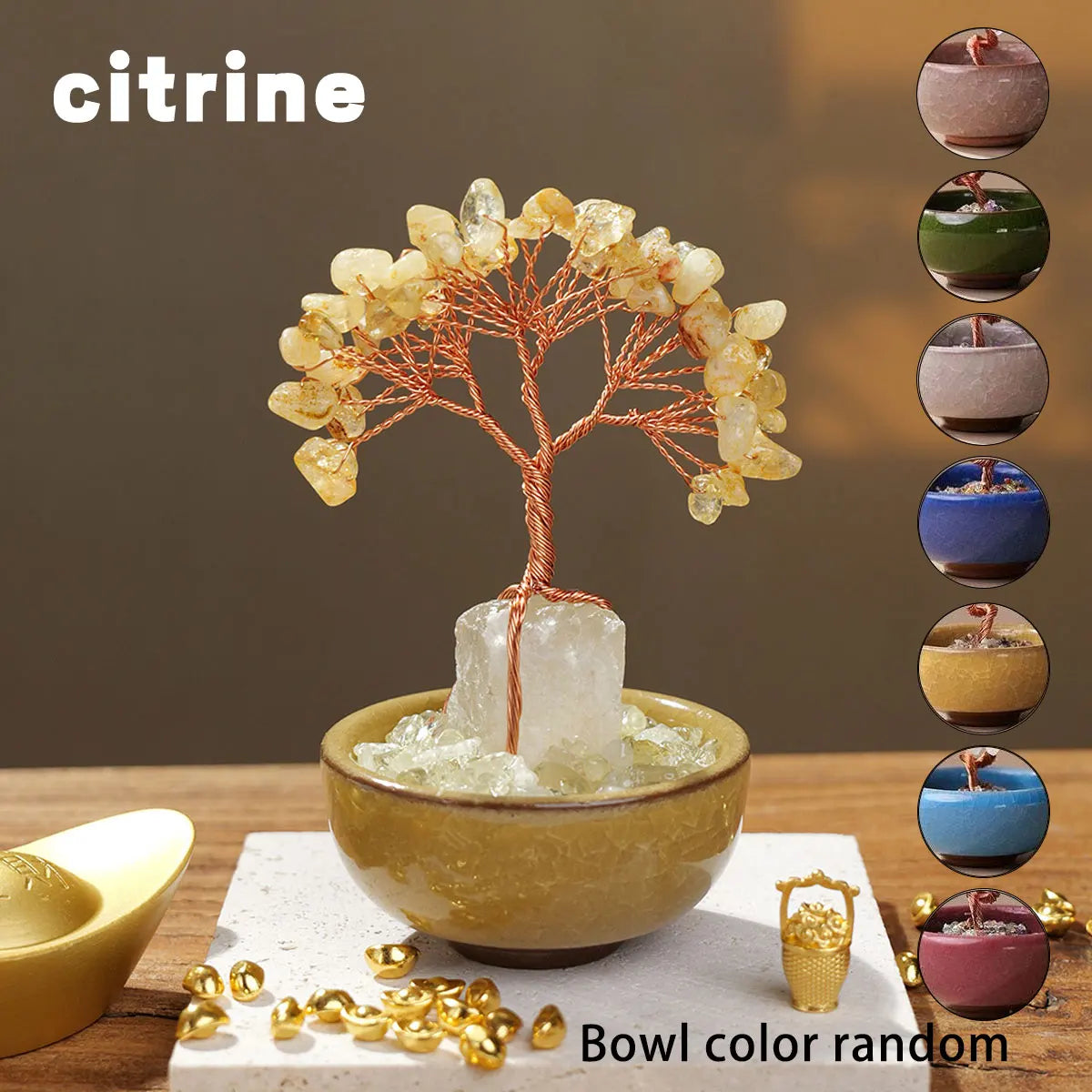 A natural crystal money tree with a rose quartz base growing from a glass bowl.