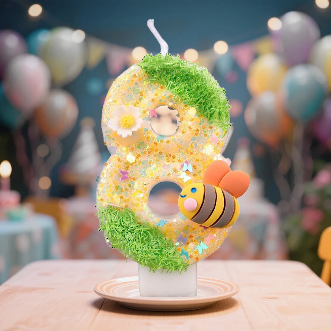 A decorative number eight made of yellow and orange candles surrounded by green moss on a white stand.