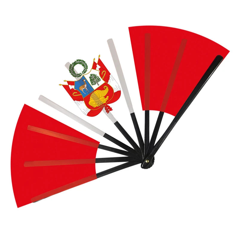 A set of red and white South America flags used as a folding cheering fan.