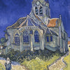 A painting of a stone church under a dark blue sky, rendered in thick brushstrokes.