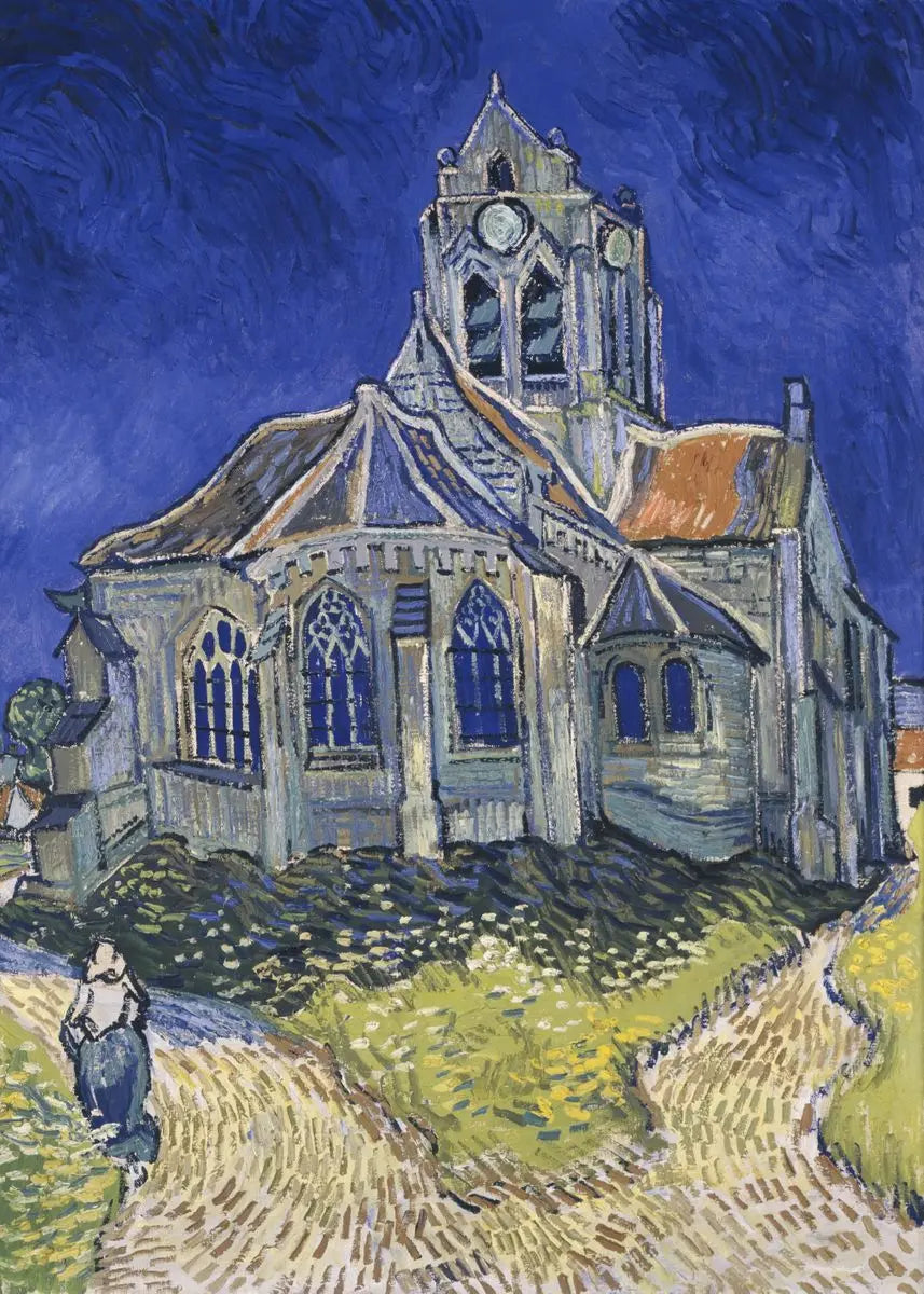 A painting of a stone church under a dark blue sky, rendered in thick brushstrokes.