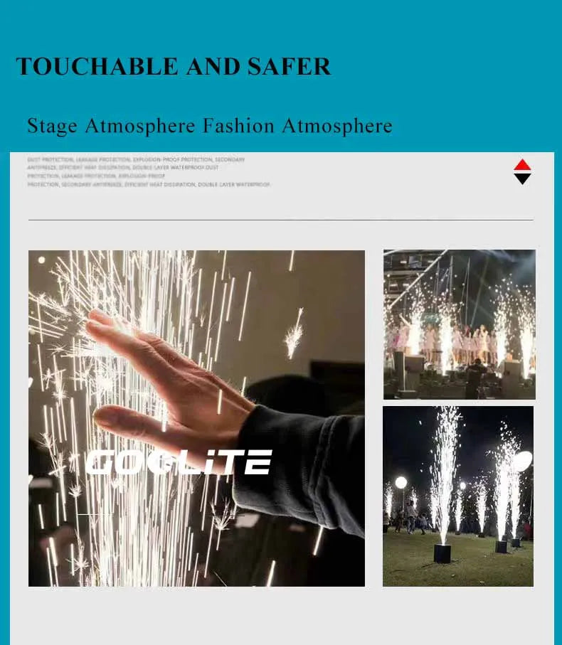 A hand is shown interacting with a stream of bright white sparks from a cold spark machine.