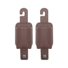 A pair of brown leather car seat back organizers with headrest hangers and mounting tabs.