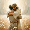 A painting depicting Jesus embracing a woman in a field of white flowers with bright light shining behind them.