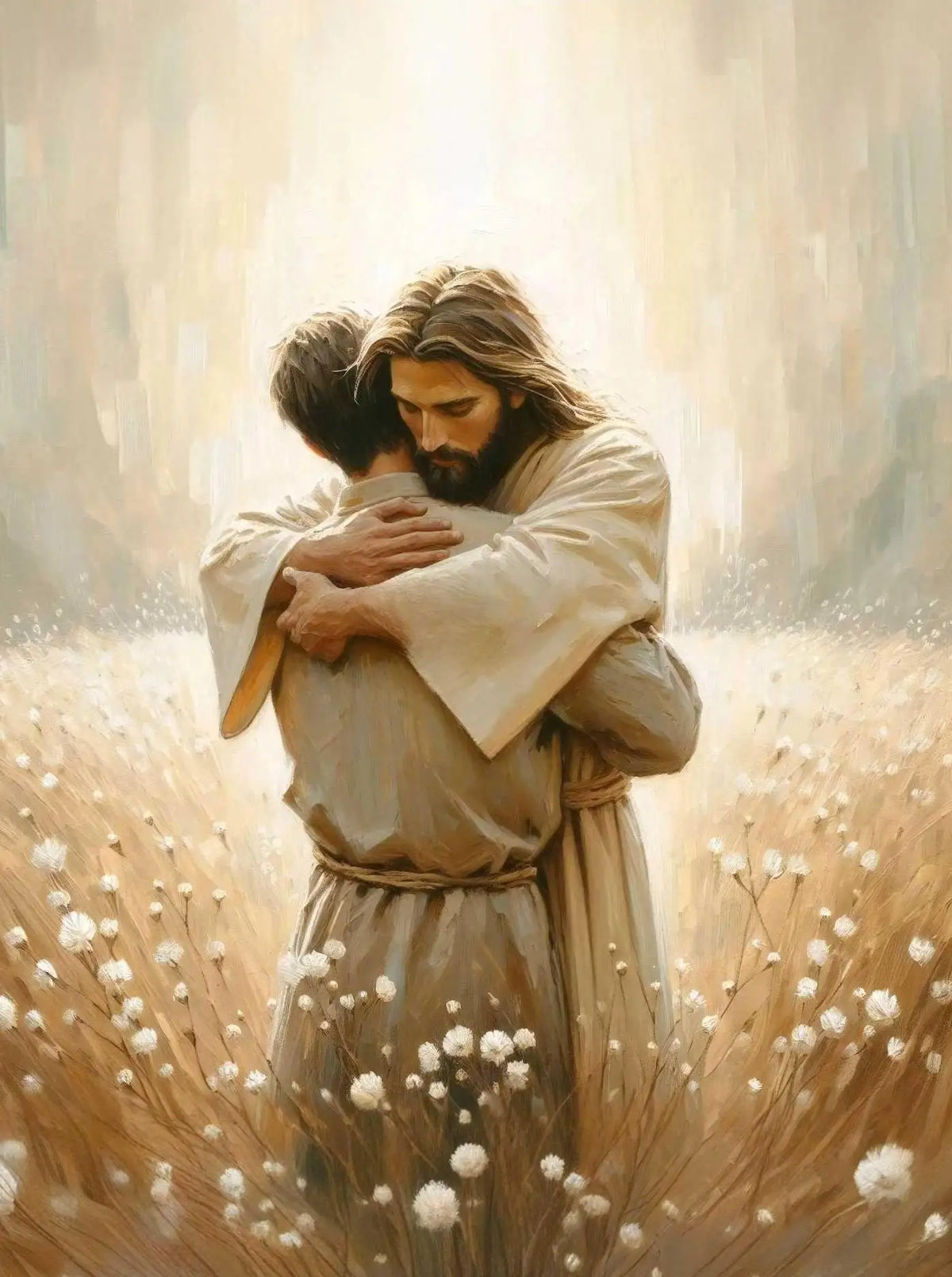 A painting depicting Jesus embracing a woman in a field of white flowers with bright light shining behind them.