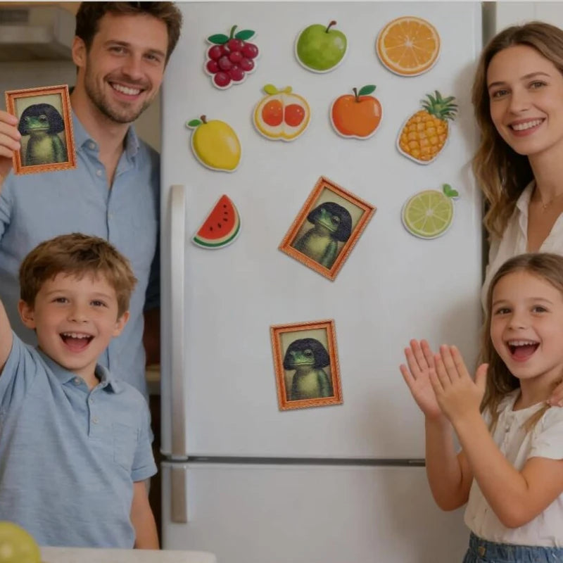 A refrigerator door decorated with various fruit magnets and a frog photo frame, surrounded by three smiling children.