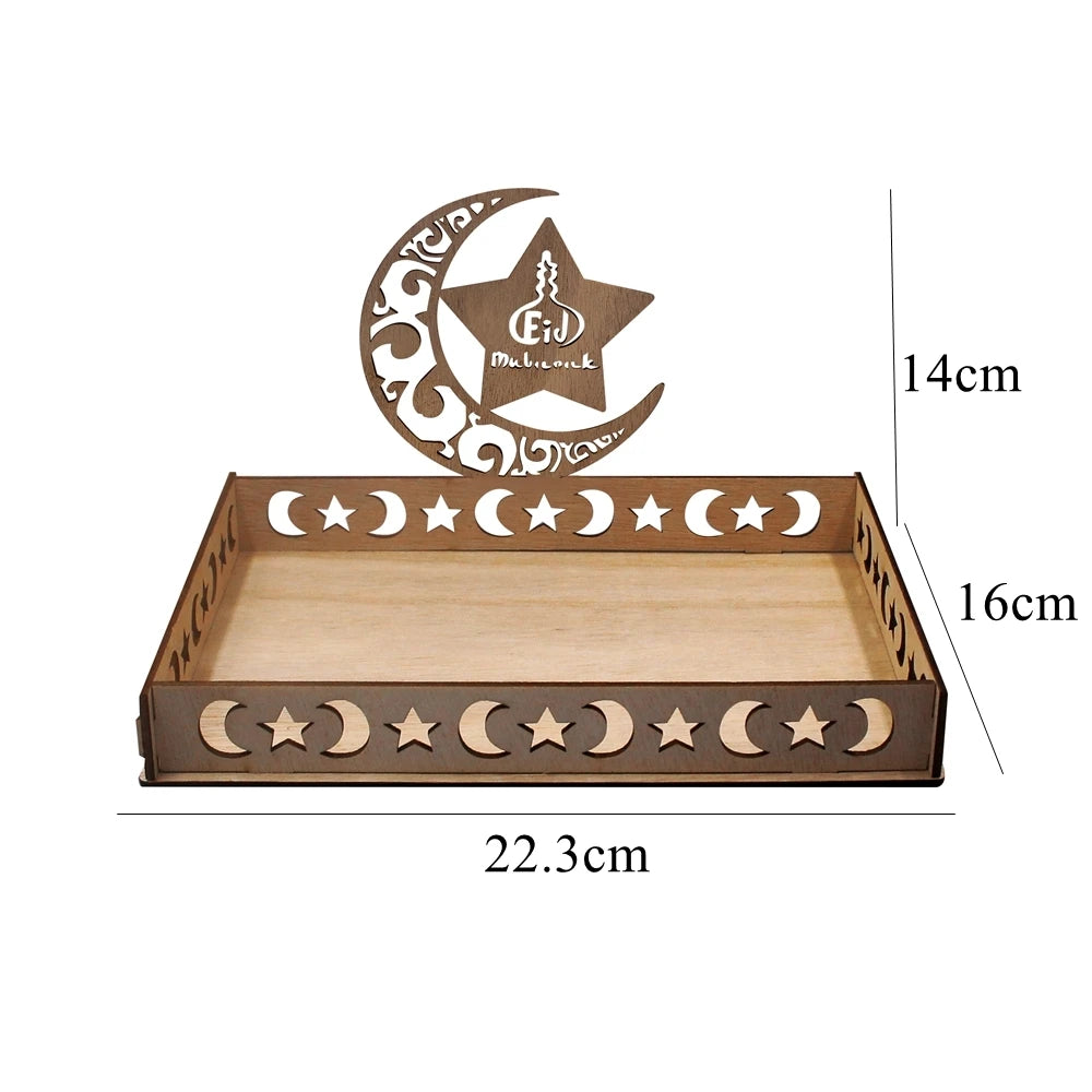 Bandeja de madera Eid Mubarak con diseño de estrella y luna creciente para decoración de Ramadán