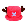A red plush knit cap resembling a pirate hat with brown ears and a white cross design.