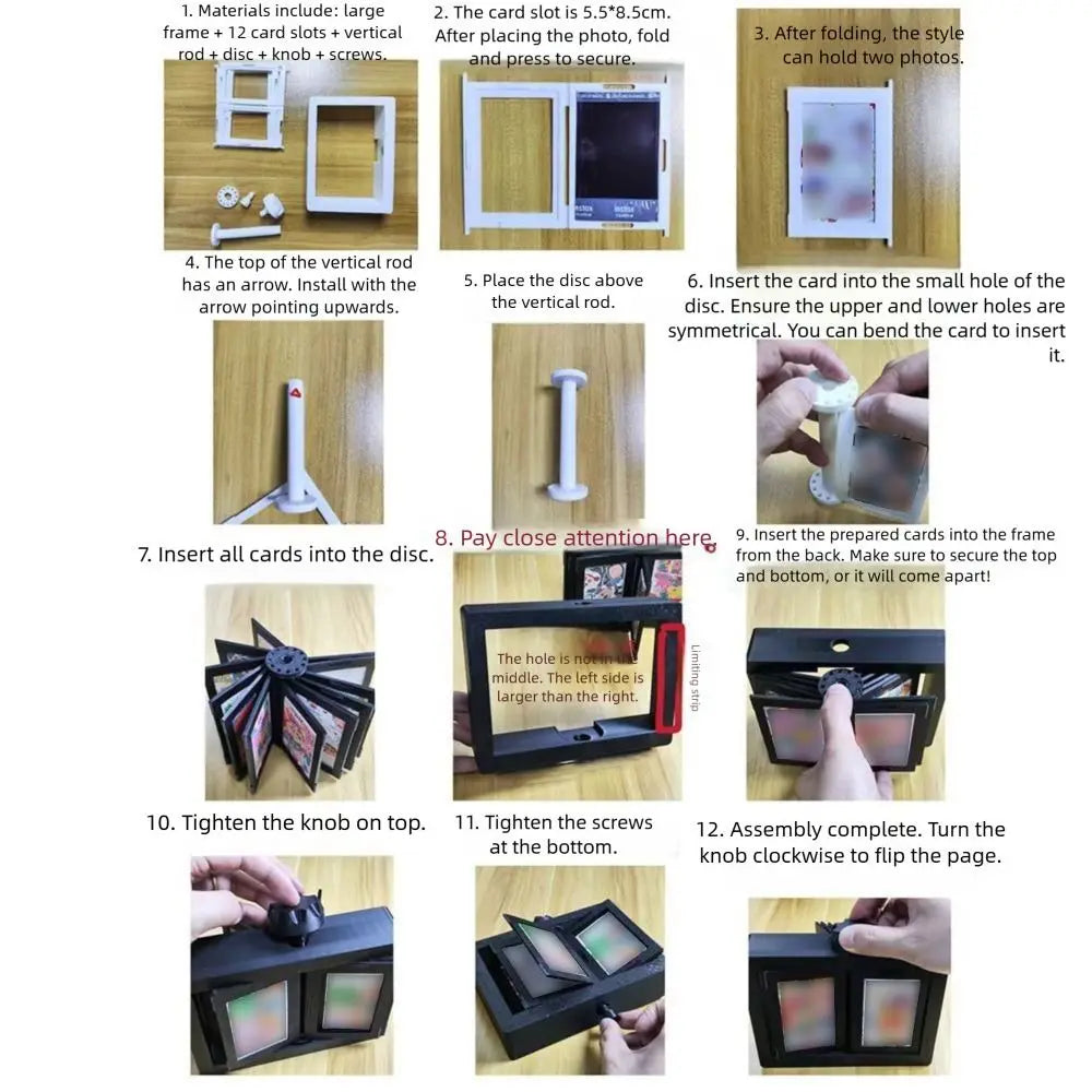Assembly instructions showing steps for building a 3D rotating photo holder with clear display pockets.