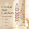 Two styles of crystal sun catchers hanging, featuring a sparkling prism effect and window decor.