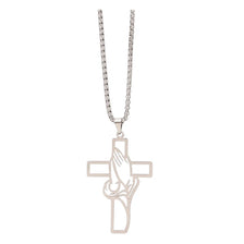 Silver stainless steel praying hands cross pendant necklace with a chain