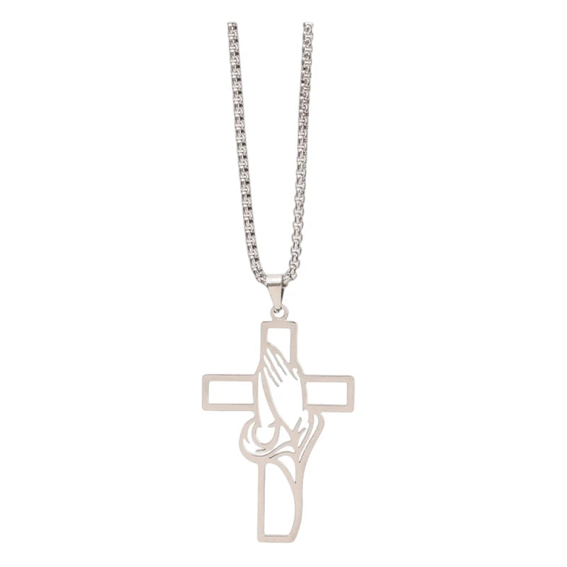 Silver stainless steel praying hands cross pendant necklace with a chain