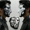 Close-up of a person wearing a silver and black tactical warden cosplay mask.