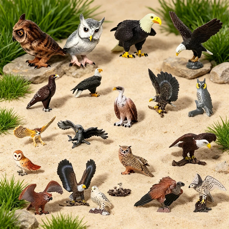A collection of realistic bird of prey figurines including owls, vultures, and a bald eagle set on sand.