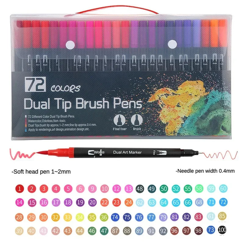 A set of 72 Dual Tip Brush Pens featuring various colors and tips for art and design work.