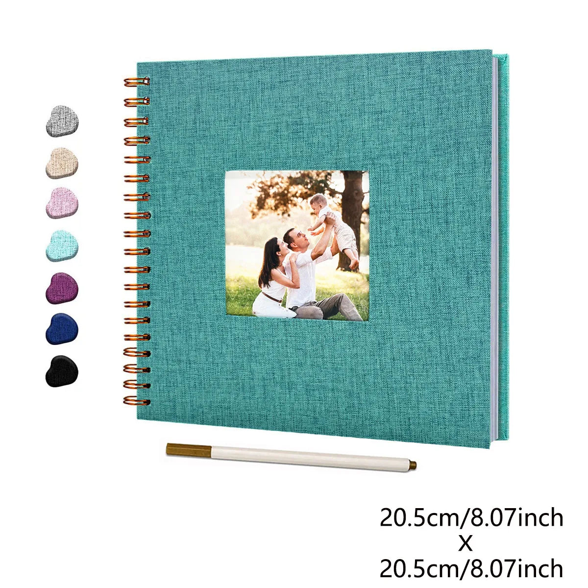 A teal linen cover scrapbook album with a spiral binding and a photo of a couple.