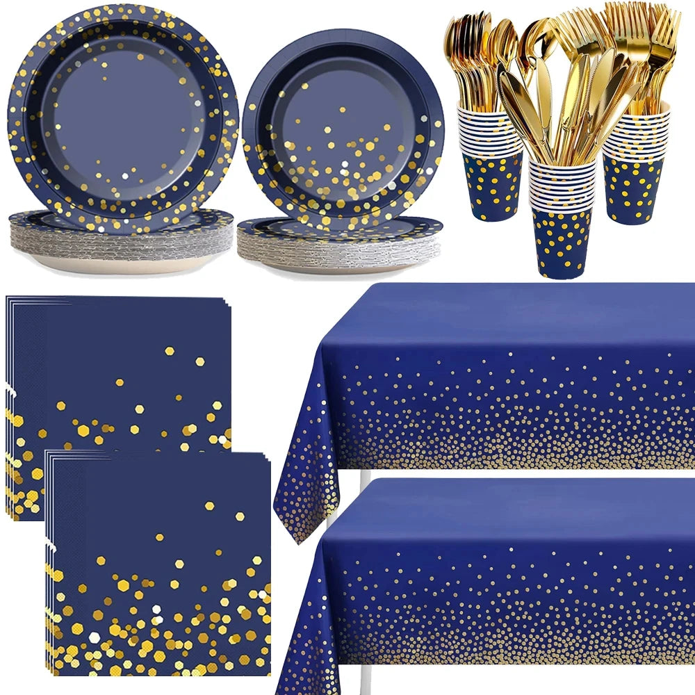 A set of blue and gold disposable party tableware including plates, napkins, and gold-colored forks.