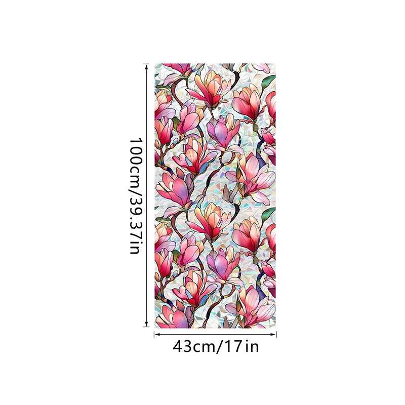 Botanical print static cling window film featuring pink and coral floral designs on a white background