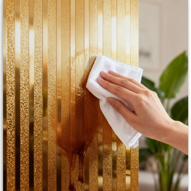 A hand wipes a metallic gold striped peel-and-stick wallpaper surface.