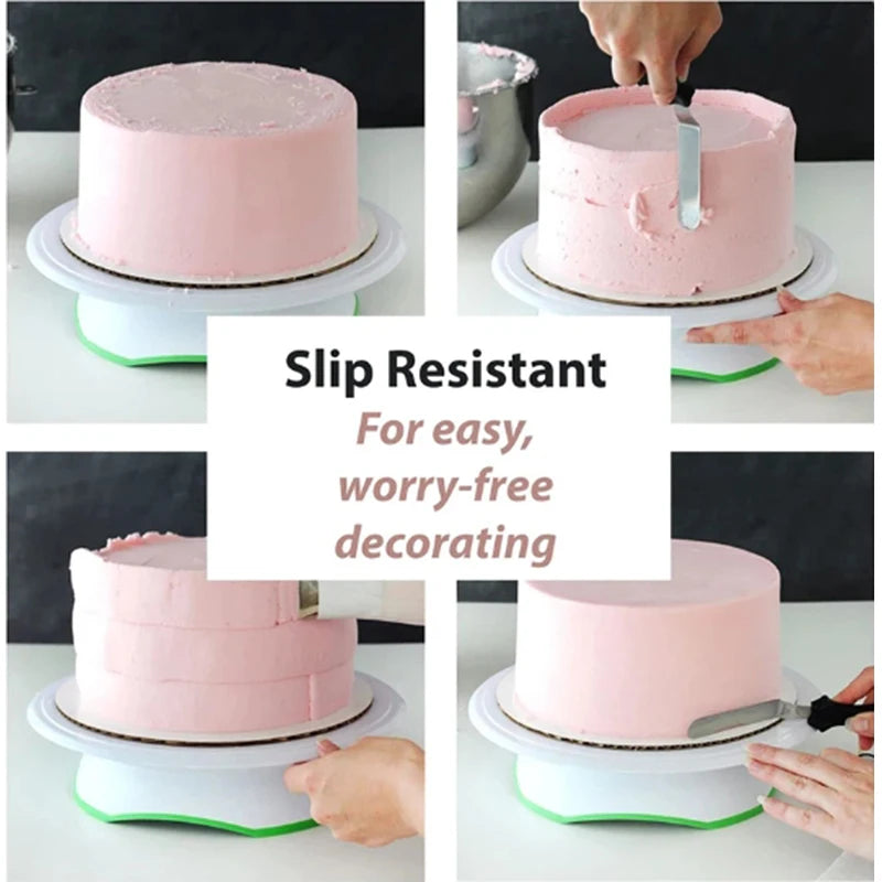 A pink layer cake is shown being decorated with a silver knife on a white cake board, emphasizing slip resistance for easy de