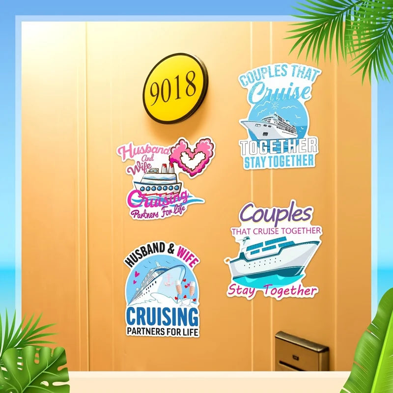 A set of magnetic cruise door decorations featuring numbers, text, and boat graphics for couples.