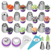 A complete 38-piece cake decorating set featuring various piping nozzles and tools in silver, purple, and green colors.