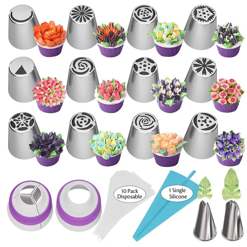 A complete 38-piece cake decorating set featuring various piping nozzles and tools in silver, purple, and green colors.