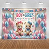 A gender reveal backdrop featuring pink and blue balloons, stars, and a sign asking Boy or Girl.