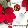 A close-up of red poinsettia flowers and a string of 10 LED lights with AA batteries.