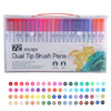 A set of 72 dual-tip brush pens in various colors and shades displayed in a clear plastic case.