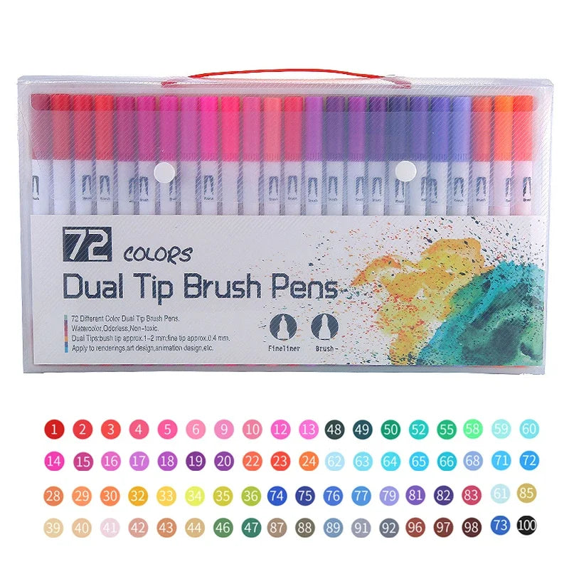 A set of 72 dual-tip brush pens in various colors and shades displayed in a clear plastic case.