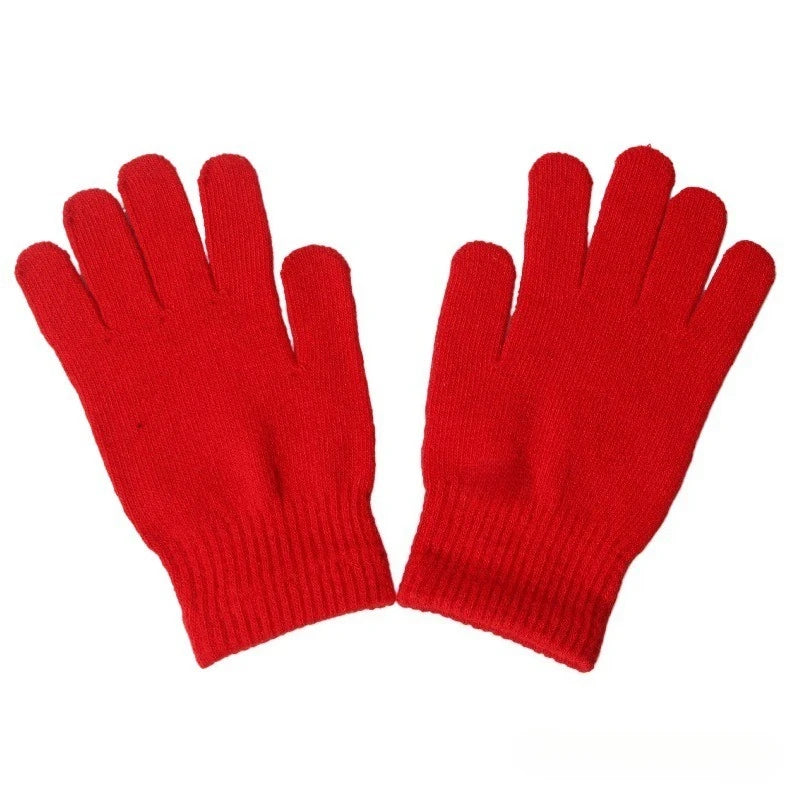 A pair of bright red knitted gloves.