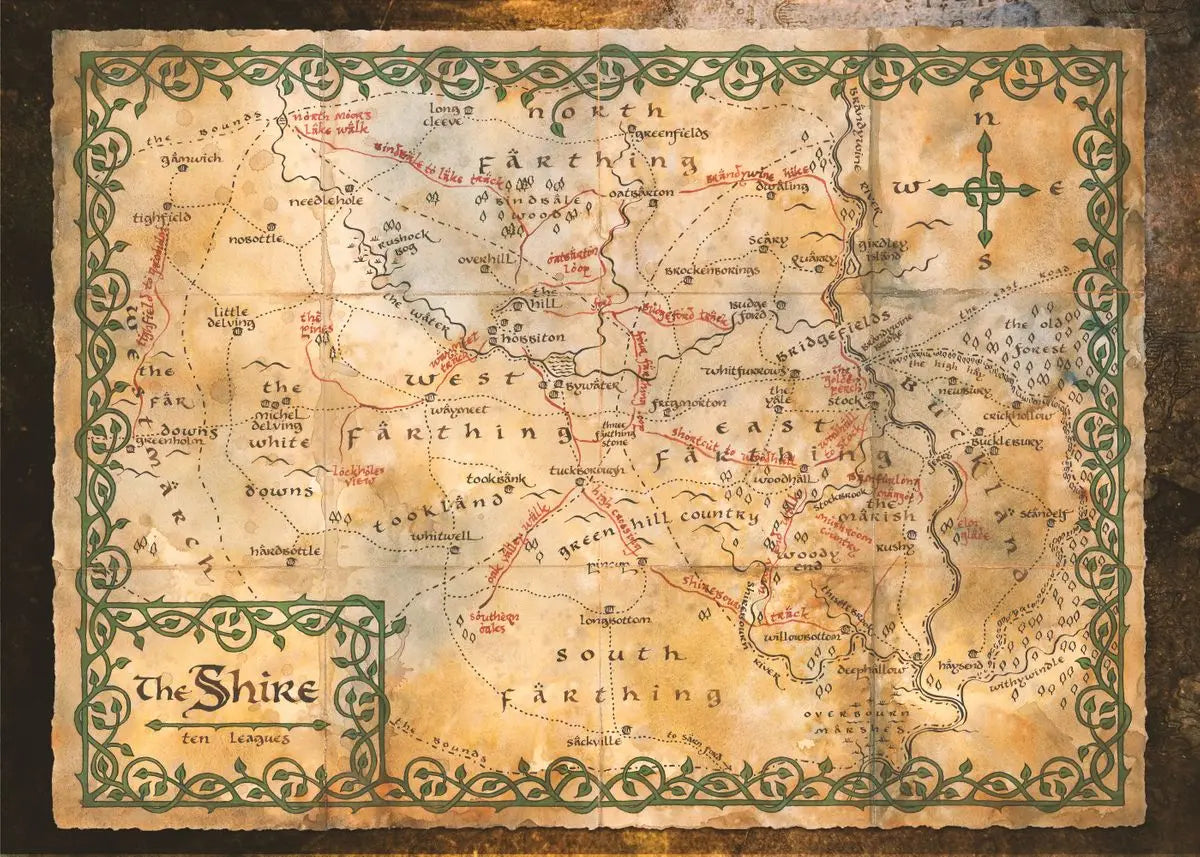 Vintage retro world map canvas wall art showing a detailed map of the Shire with various locations and features.