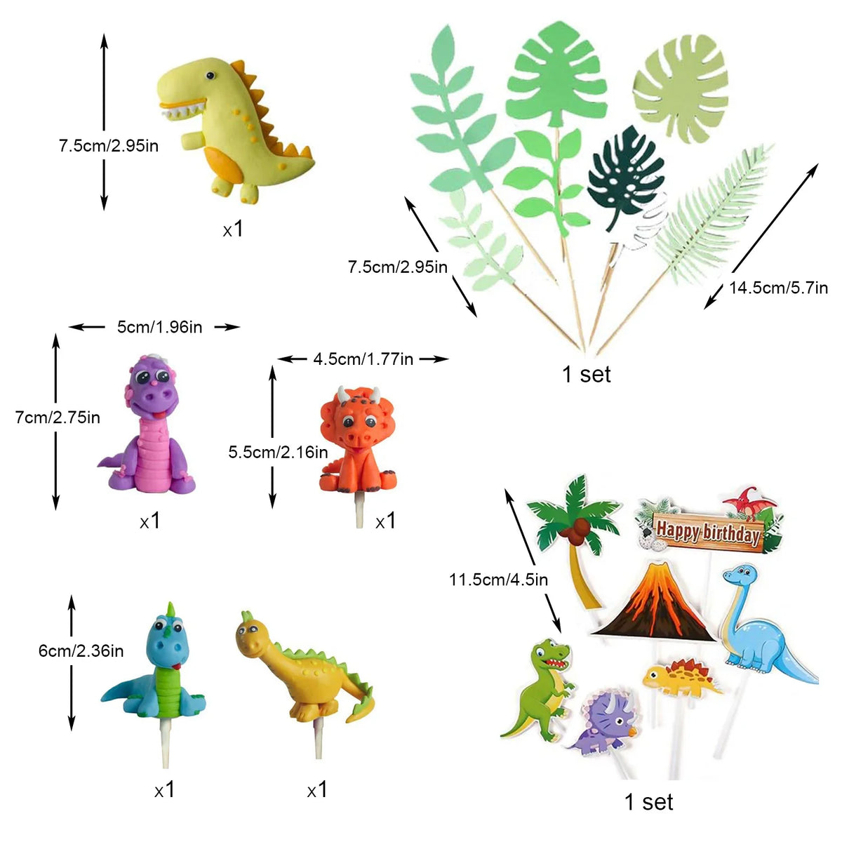 Un set de decoraciones para fiesta temática de dinosaurios, incluyendo un dinosaurio amarillo, uno morado y uno azul.