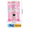 Pink birthday themed paper bag with a large eye design and clouds