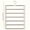 A white foldable multi-layer pants hanger with stainless steel rods and a hook.