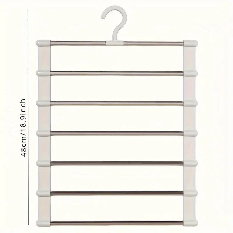 A white foldable multi-layer pants hanger with stainless steel rods and a hook.