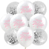 A pack of ten white latex confetti balloons with pink lettering that reads Team Bride