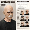 A realistic latex old man mask is displayed with DIY styling options for recoloring, outfit changes, and accessories.