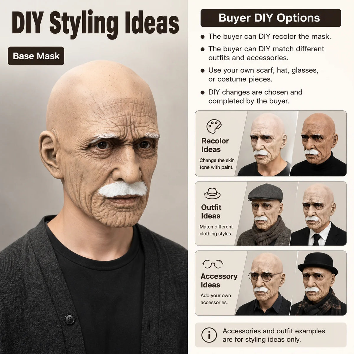 A realistic latex old man mask is displayed with DIY styling options for recoloring, outfit changes, and accessories.