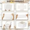 A set of white bakery boxes with windows shown in various assembly stages, including folding and assembling the final box str
