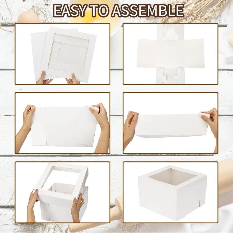A set of white bakery boxes with windows shown in various assembly stages, including folding and assembling the final box str