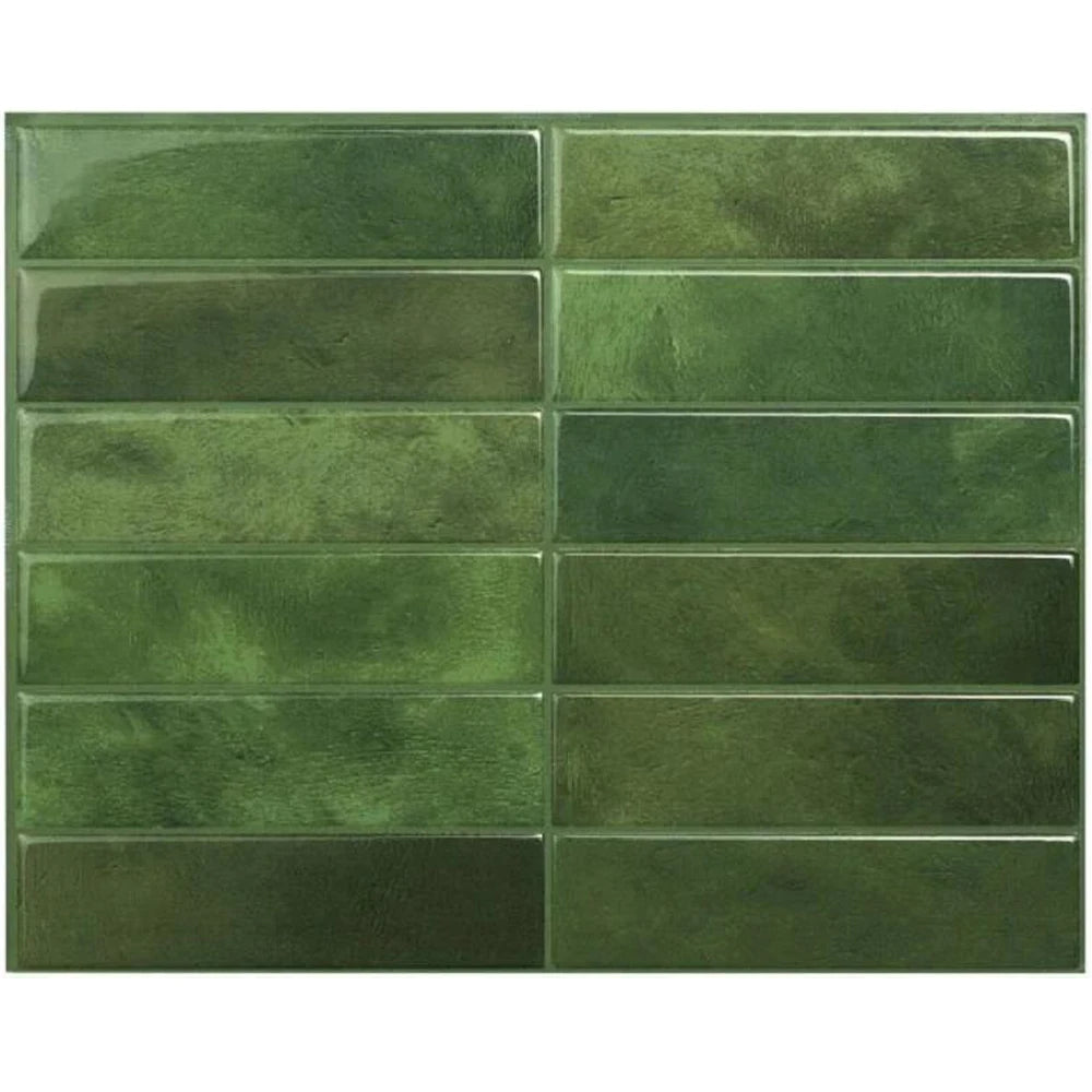 A rectangular panel of glossy, dark olive green 3D peel and stick backsplash tiles.
